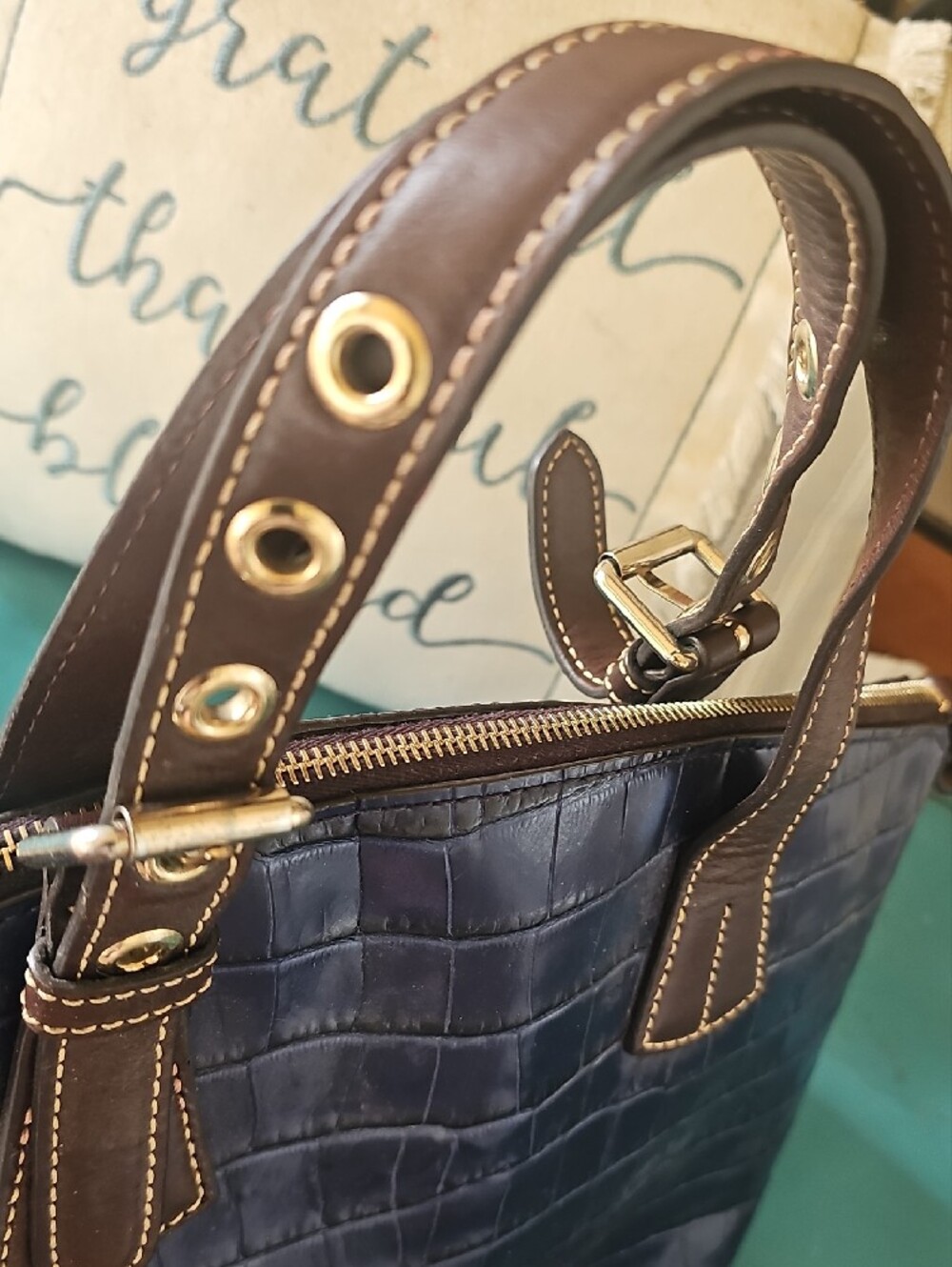 Dooney & Bourke Navy Croc-Embossed Tote with Brown Trim - Picture 5 of 8
